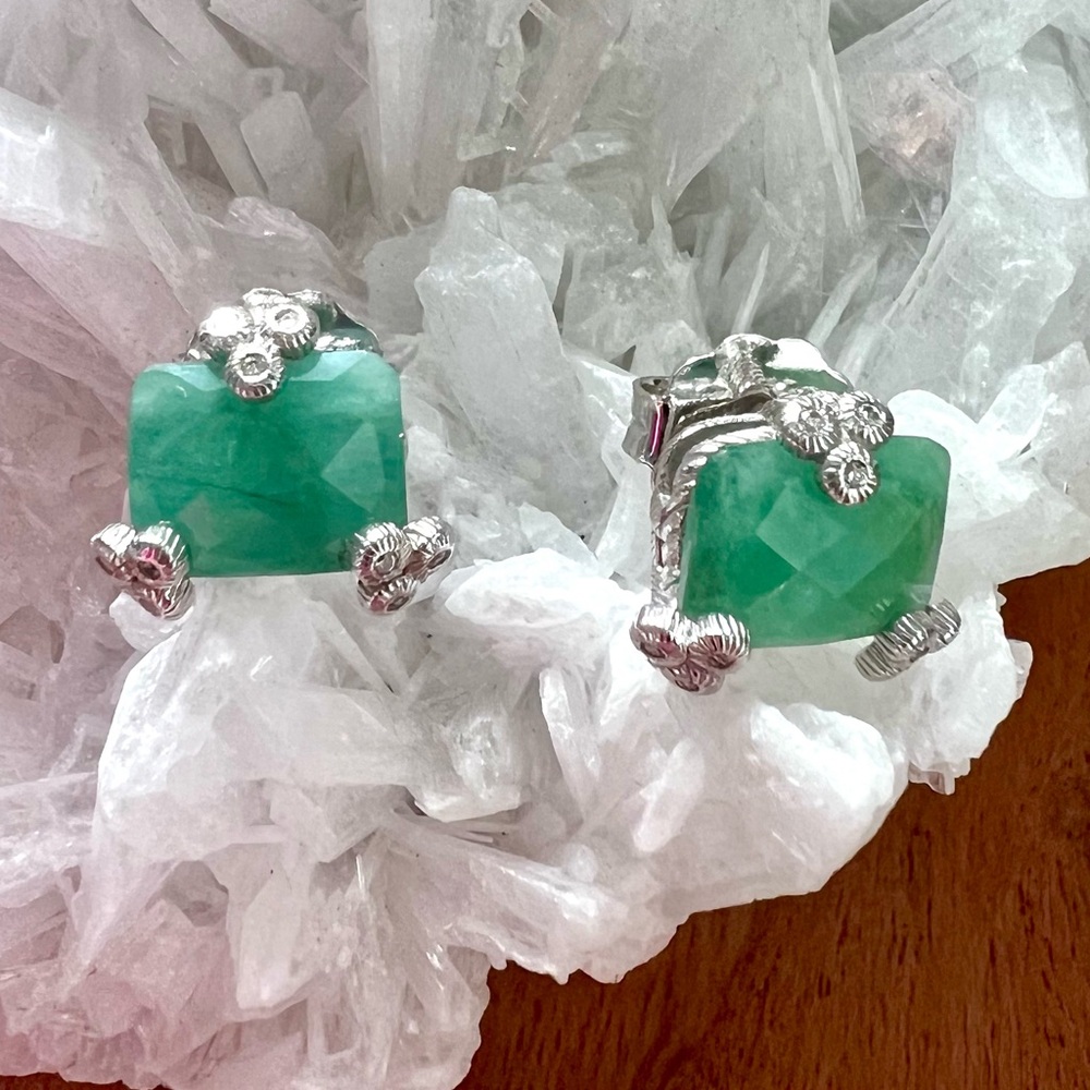 EUC Judith Ripka Emerald & Diamonique Sterling Silver Stud Earrings